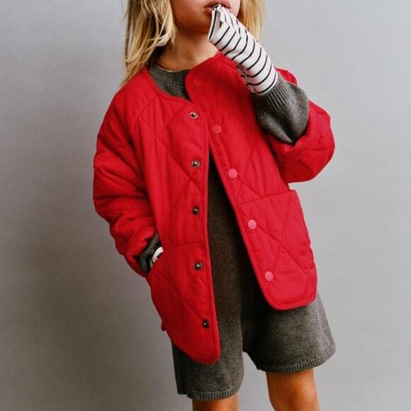 ZARA Girls/kidsWATER REPELLENT PUFFER JACKET RED color button up 18-24M EUC